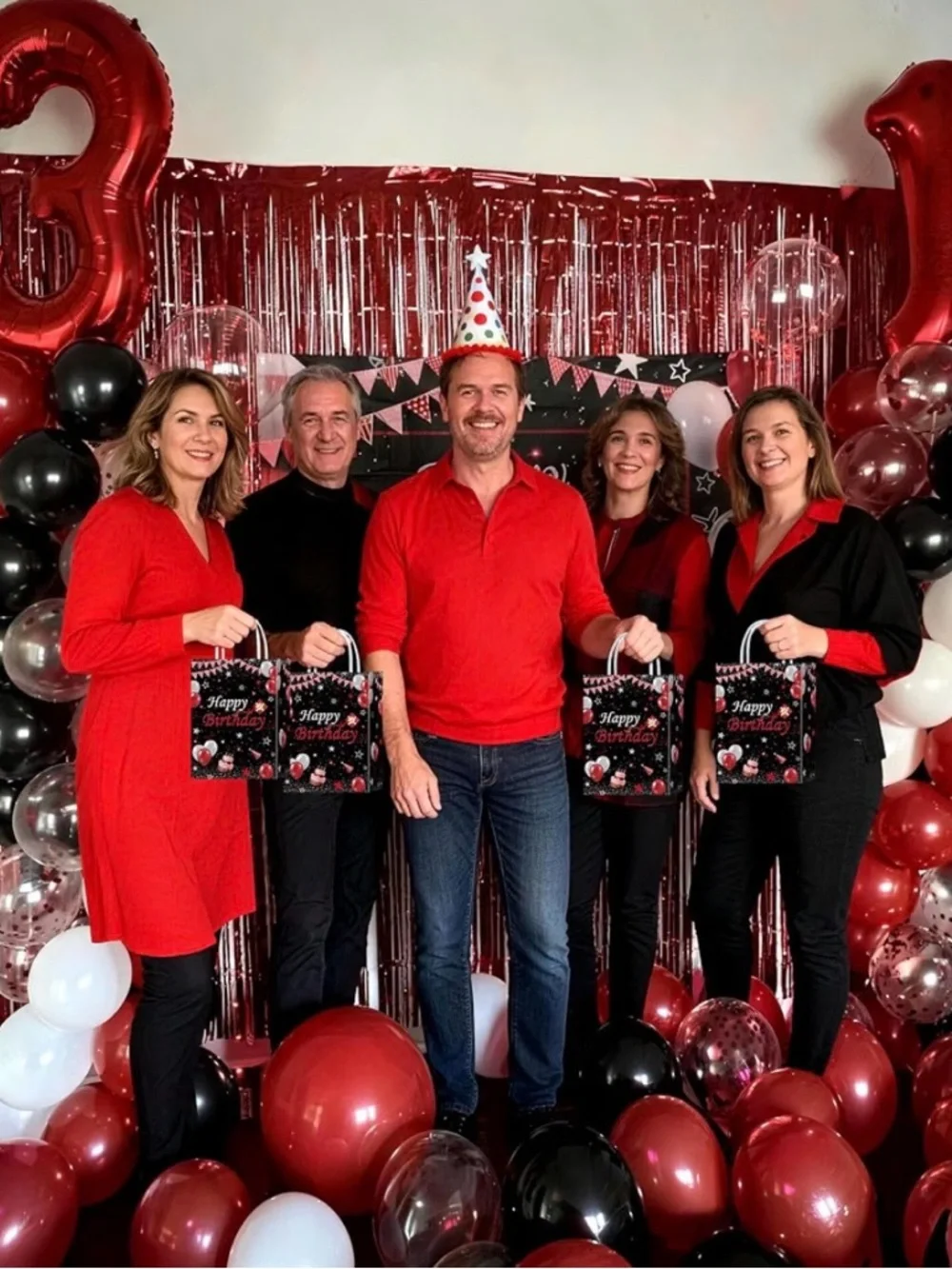 Happy Birthday Gift Bags - Black with Red & Silver Balloons
